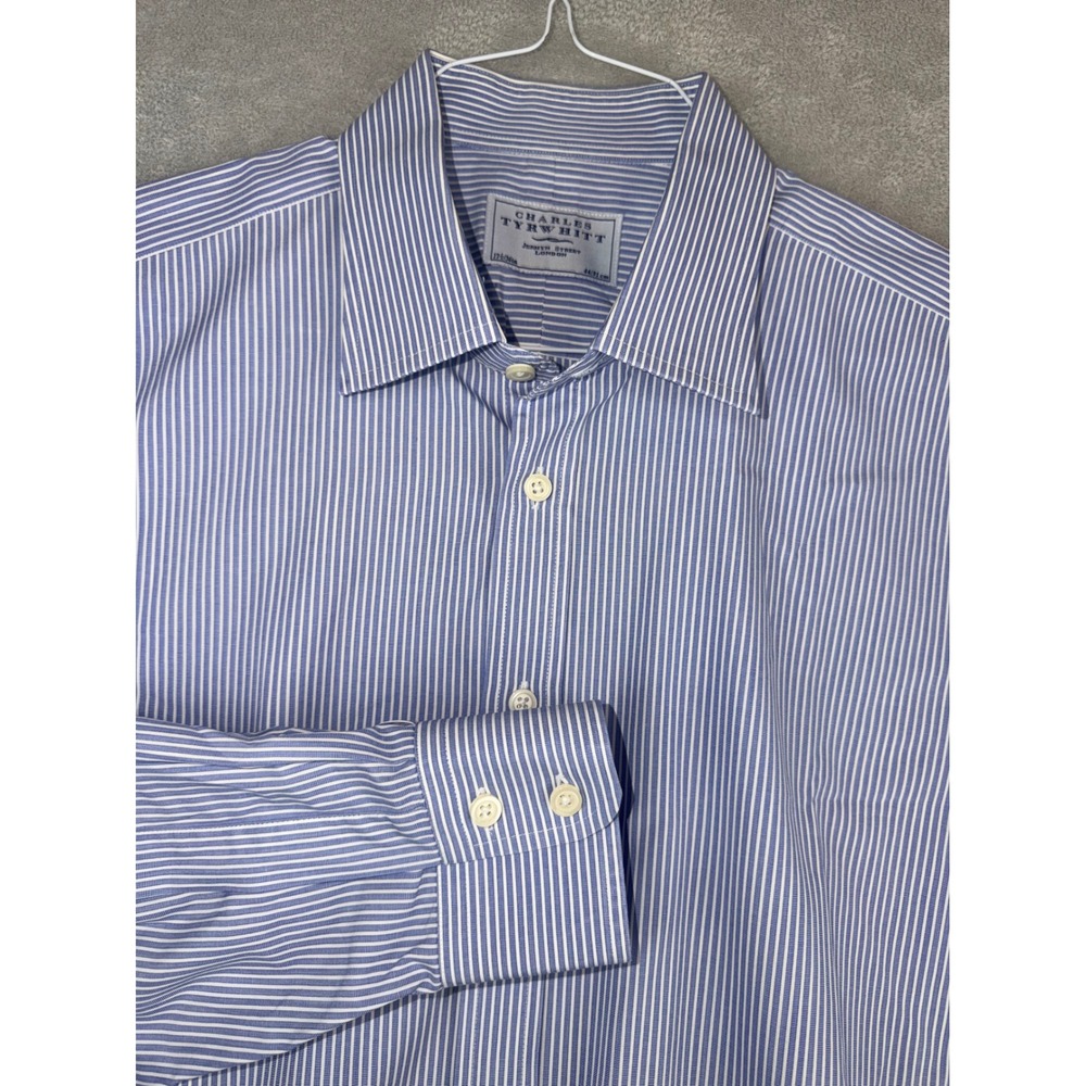 Charles Tyrwhitt Mens Blue White Striped Dress Shirt 17.5X36 Cotton Jermyn St